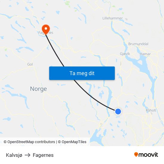 Kalvsjø to Fagernes map