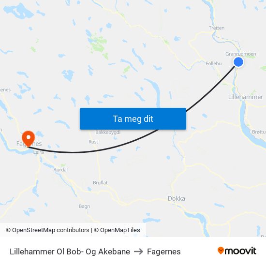 Lillehammer Ol Bob- Og Akebane to Fagernes map