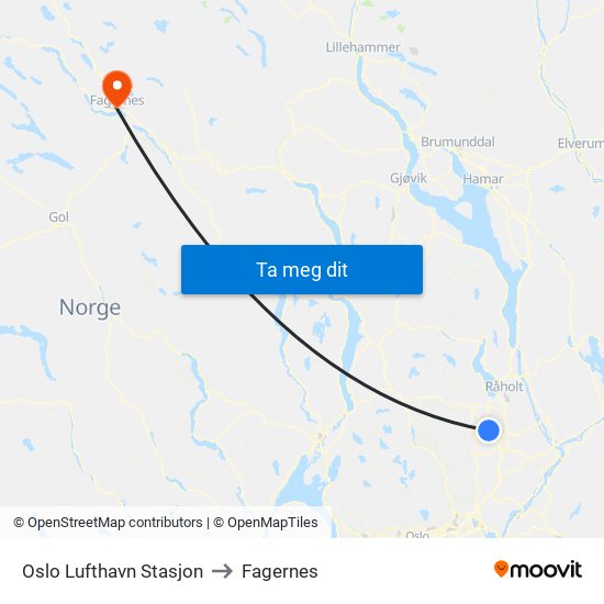 Oslo Lufthavn Stasjon to Fagernes map