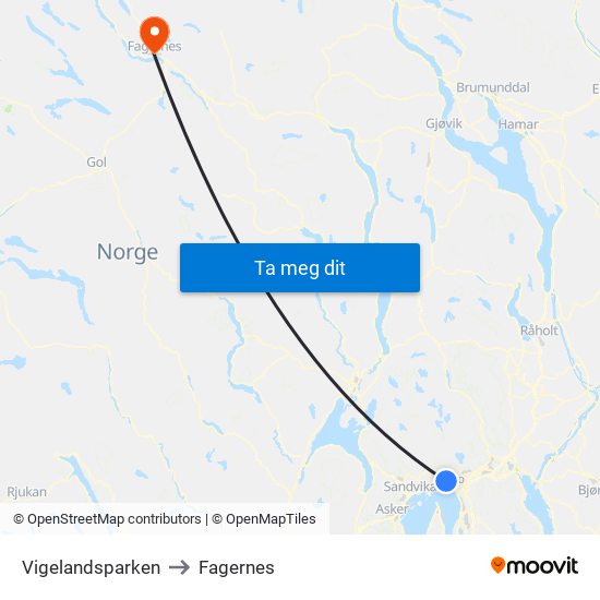 Vigelandsparken to Fagernes map