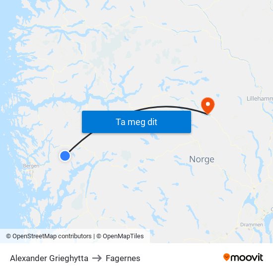 Alexander Grieghytta to Fagernes map