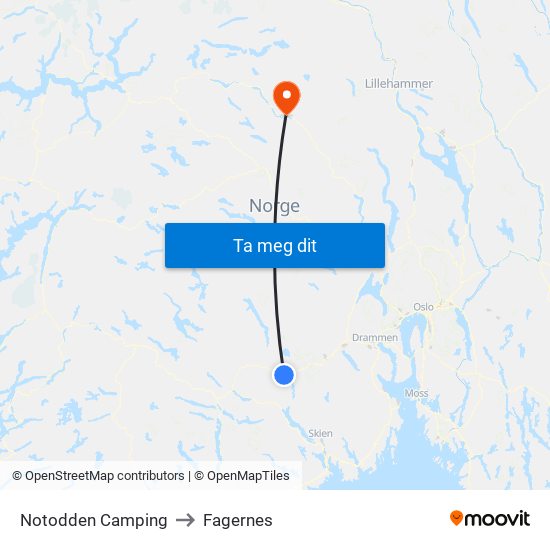 Notodden Camping to Fagernes map