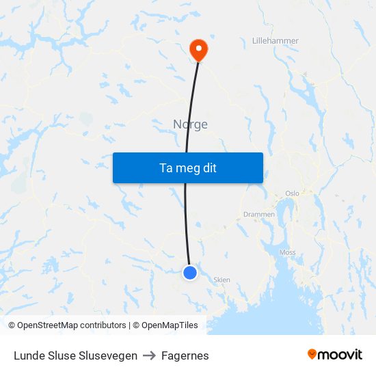 Lunde Sluse Slusevegen to Fagernes map