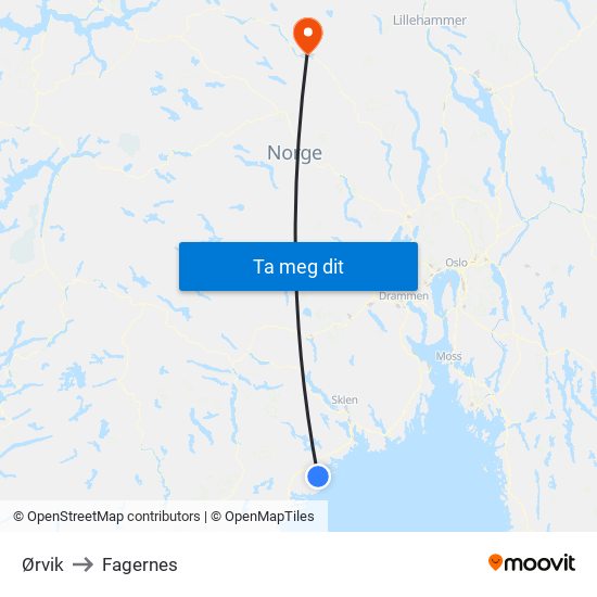 Ørvik to Fagernes map