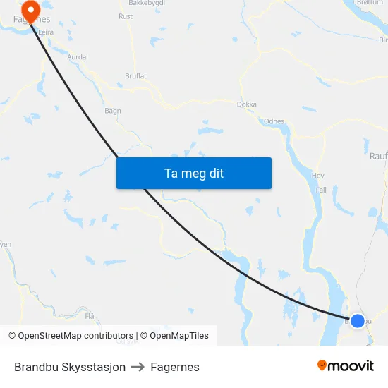 Brandbu Skysstasjon to Fagernes map