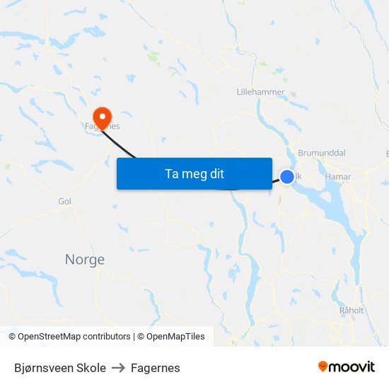 Bjørnsveen Skole to Fagernes map