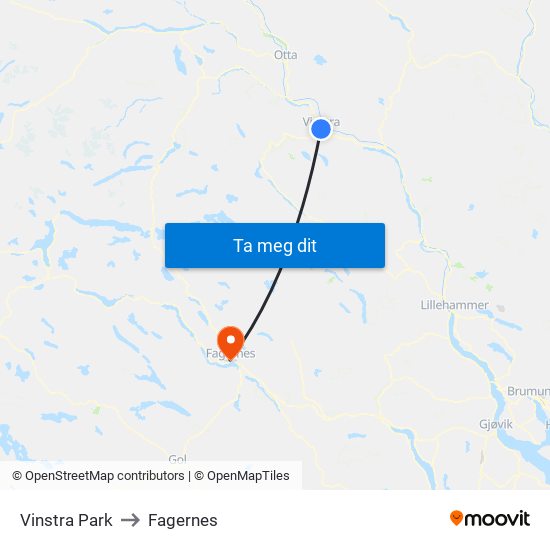 Vinstra Park to Fagernes map