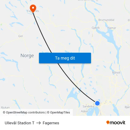 Ullevål Stadion T to Fagernes map