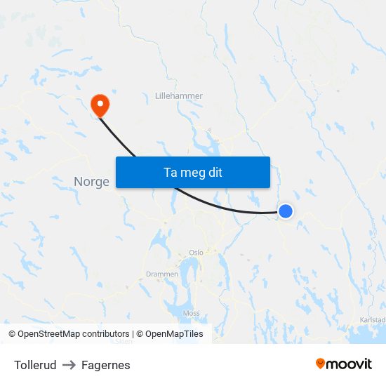 Tollerud to Fagernes map