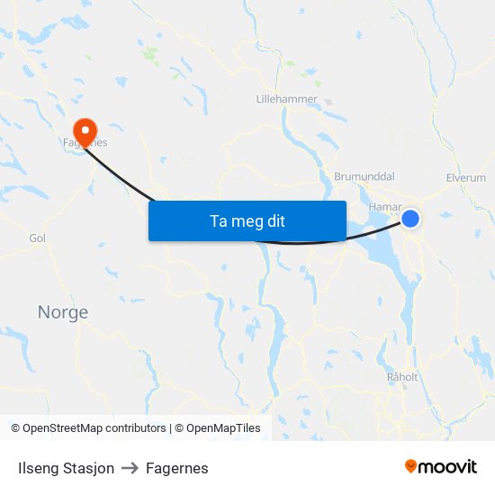 Ilseng Stasjon to Fagernes map