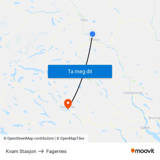 Kvam Stasjon to Fagernes map