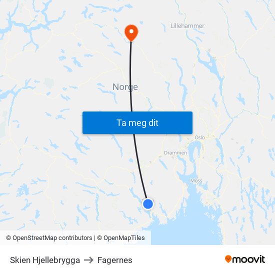 Skien Hjellebrygga to Fagernes map