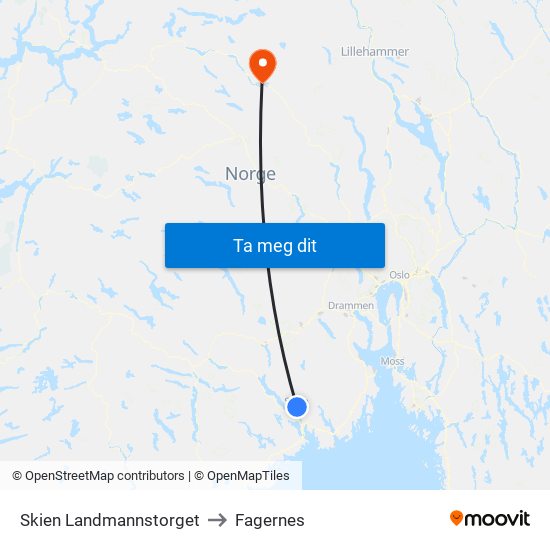 Skien Landmannstorget to Fagernes map