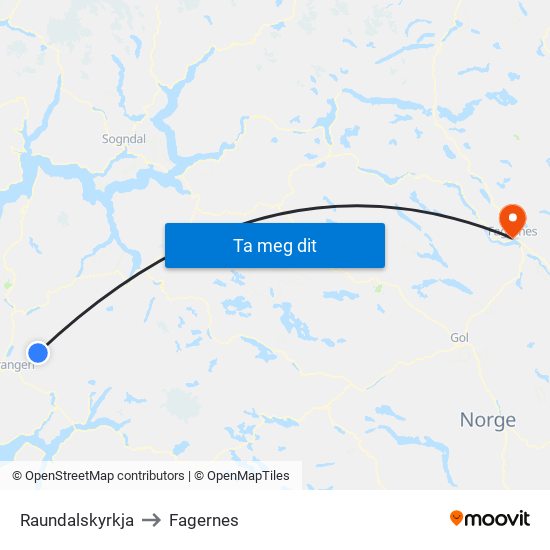 Raundalskyrkja to Fagernes map