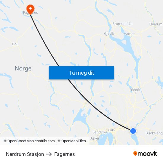 Nerdrum Stasjon to Fagernes map