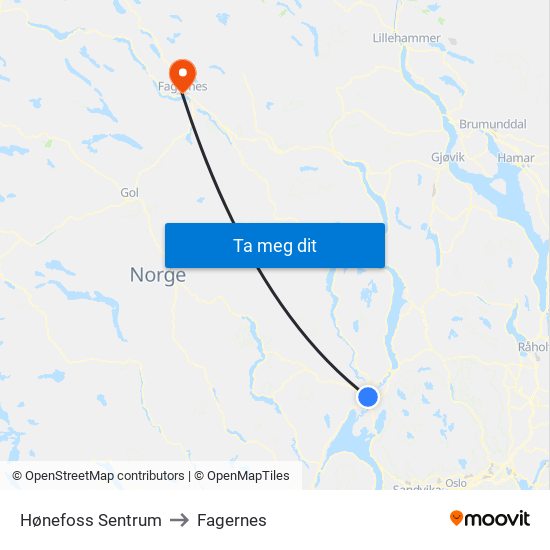 Hønefoss Sentrum to Fagernes map