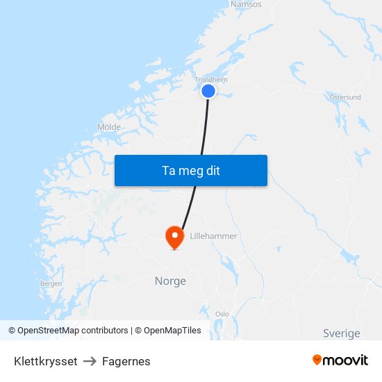 Klettkrysset to Fagernes map