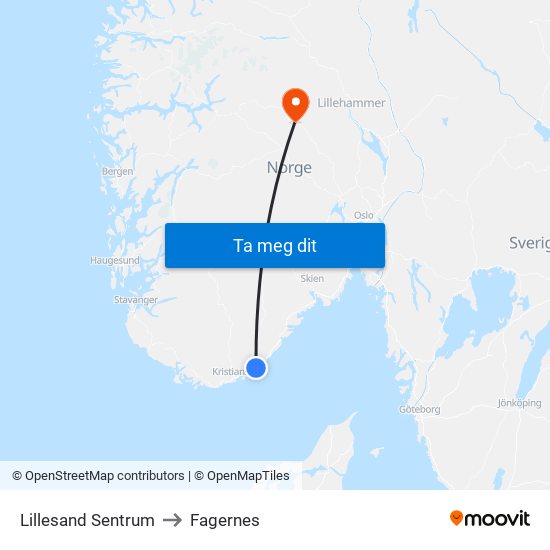 Lillesand Sentrum to Fagernes map