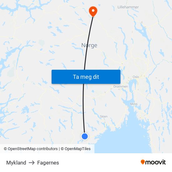 Mykland to Fagernes map