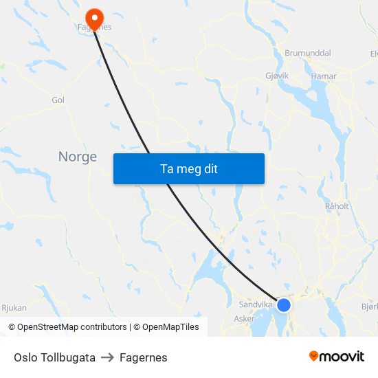 Oslo Tollbugata to Fagernes map