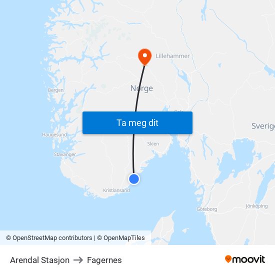 Arendal Stasjon to Fagernes map