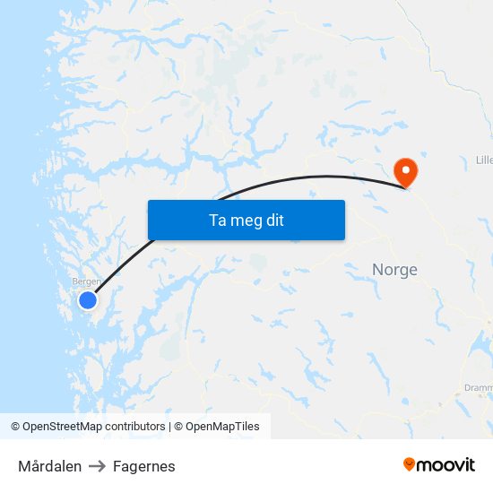 Mårdalen to Fagernes map