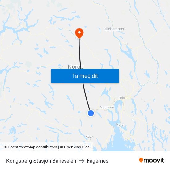 Kongsberg Stasjon Baneveien to Fagernes map