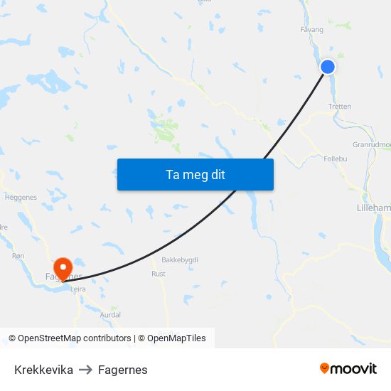 Krekkevika to Fagernes map