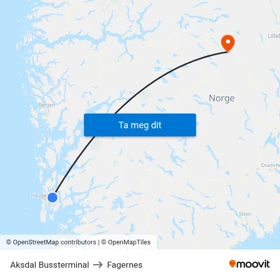 Aksdal Bussterminal to Fagernes map