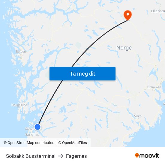 Solbakk Bussterminal to Fagernes map