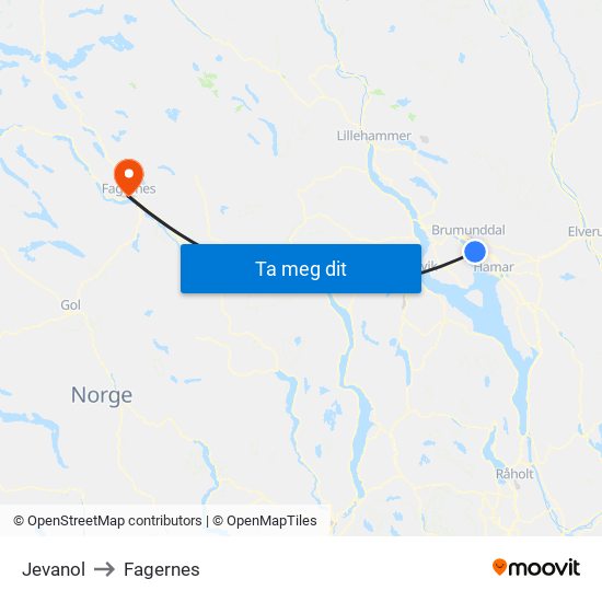 Jevanol to Fagernes map