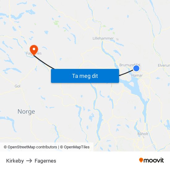 Kirkeby to Fagernes map