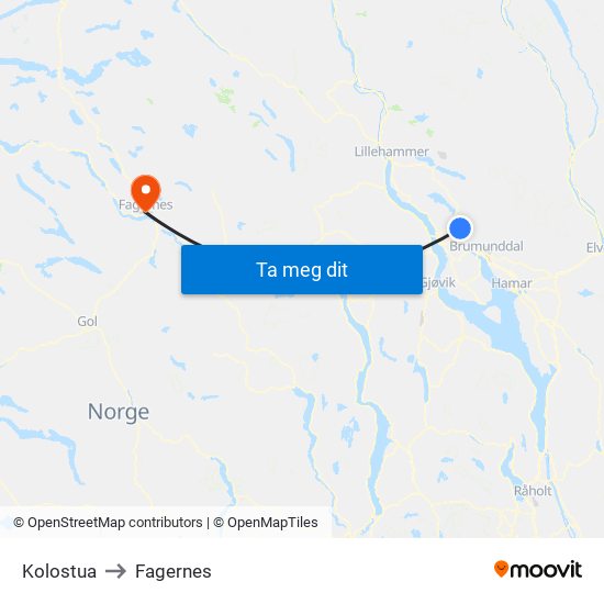 Kolostua to Fagernes map