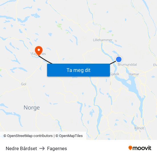 Nedre Bårdset to Fagernes map