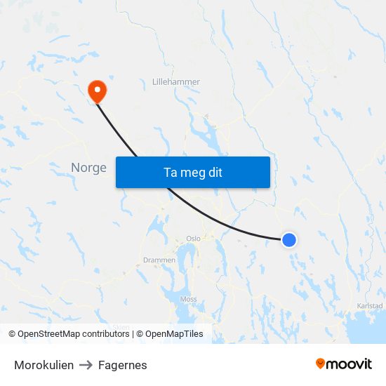 Morokulien to Fagernes map