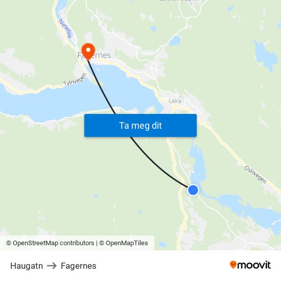 Haugatn to Fagernes map