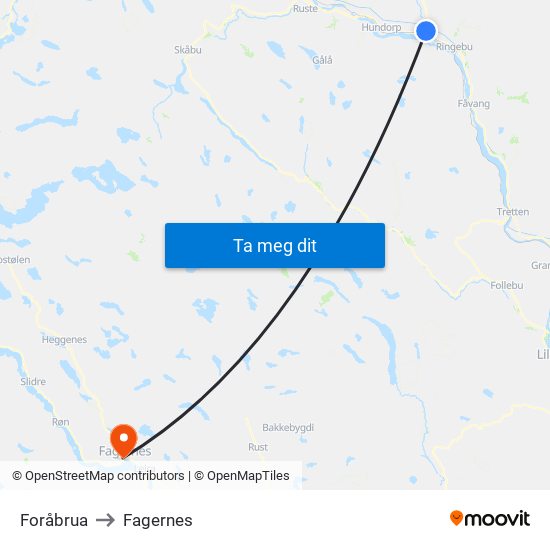Foråbrua to Fagernes map