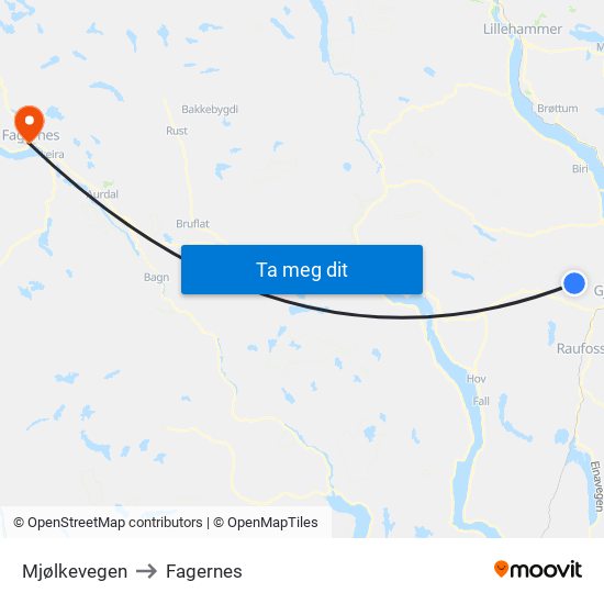 Mjølkevegen to Fagernes map