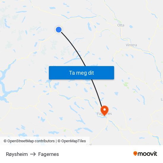 Røysheim to Fagernes map