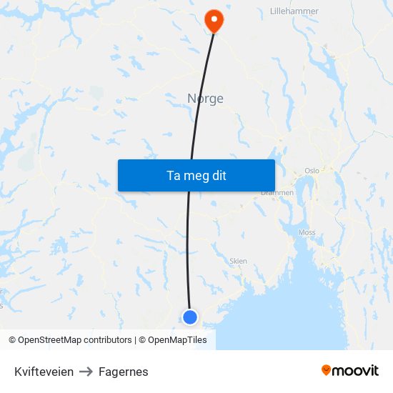 Kvifteveien to Fagernes map