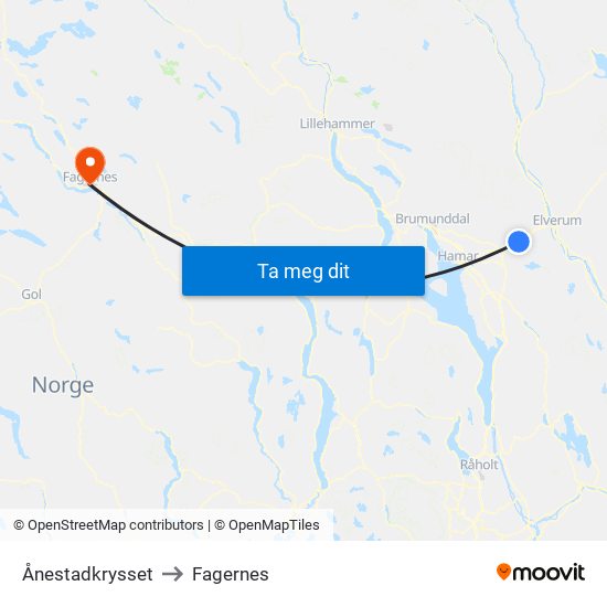 Ånestadkrysset to Fagernes map