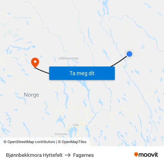 Bjønnbekkmora Hyttefelt to Fagernes map