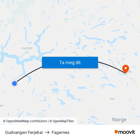 Gudvangen Ferjekai to Fagernes map