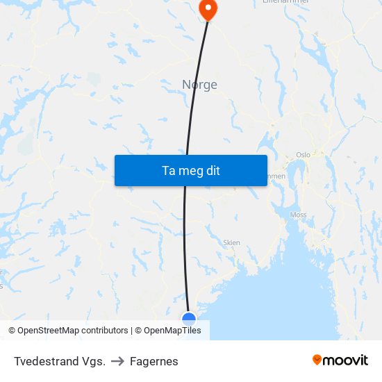 Tvedestrand Vgs. to Fagernes map