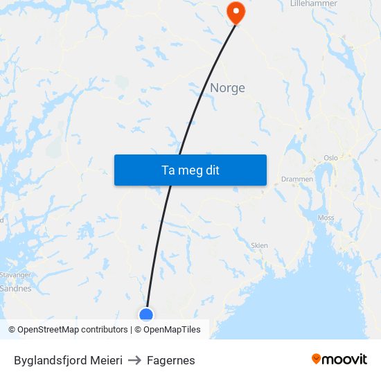 Byglandsfjord Meieri to Fagernes map