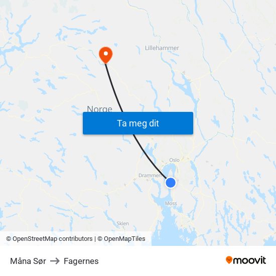 Måna Sør to Fagernes map