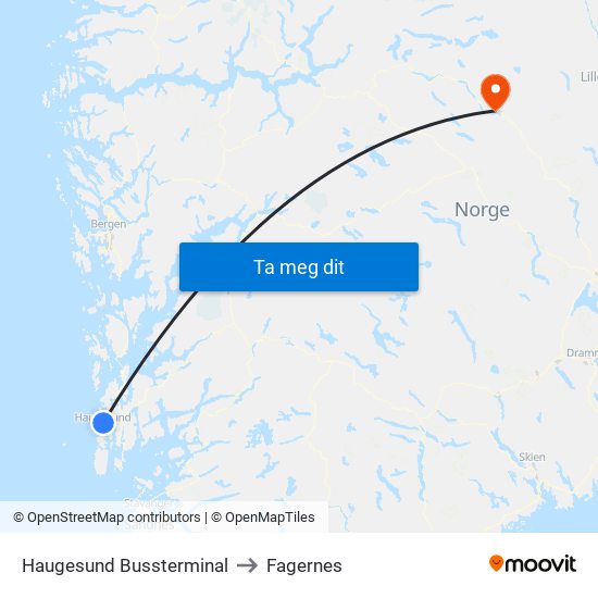 Haugesund Bussterminal to Fagernes map