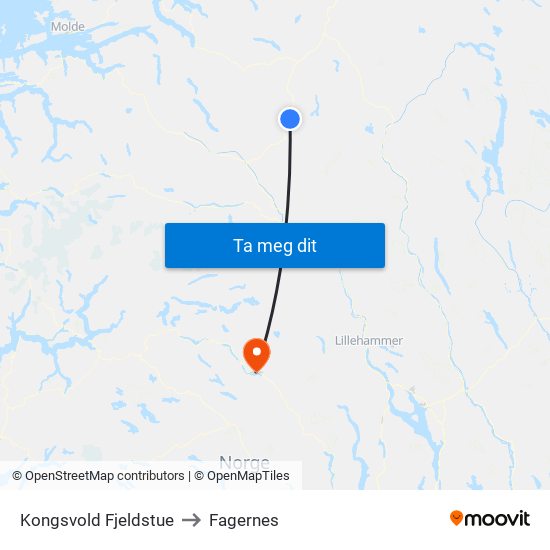 Kongsvold Fjeldstue to Fagernes map