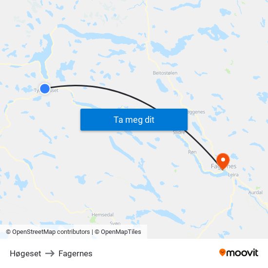 Høgeset to Fagernes map