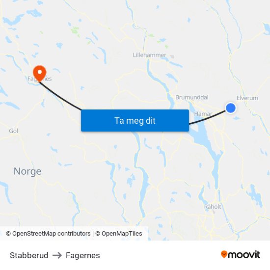 Stabberud to Fagernes map